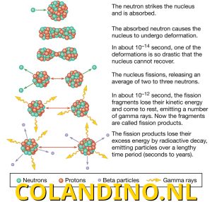 Volgorde van gebeurtenissen bij de splijting van een uraniumkern door een neutron.