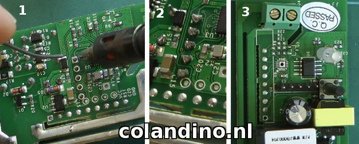 Itead Sonoff header voor flashen solderen: 1. Solderen eerste verbinding. 2. Alle verbindingen gemaakt. 3. Het eindresultaat.