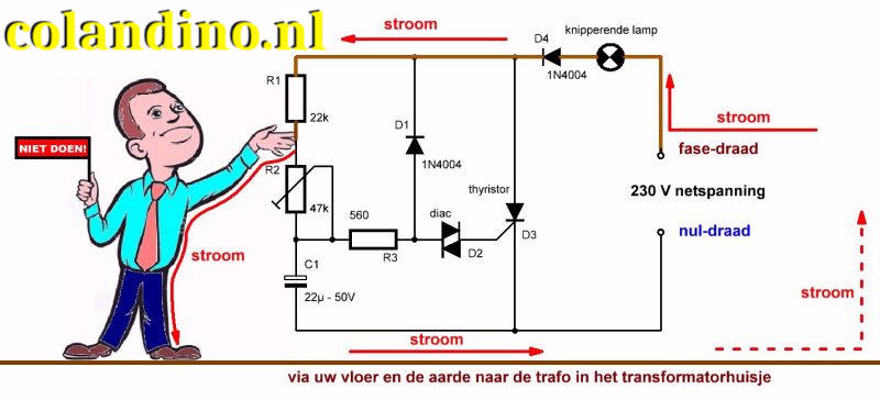Vrijwel alle punten in deze rechtstreeks netgevoede schakeling zijn aanraak gevaarlijk.