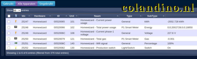 instellingen / Apparaten in Domoticz en geef de naam Homewizard in de zoekbalk