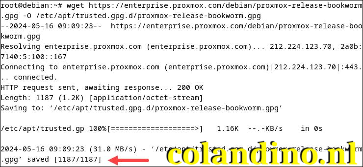 Voeg de Proxmox-repositorysleutel toe.
